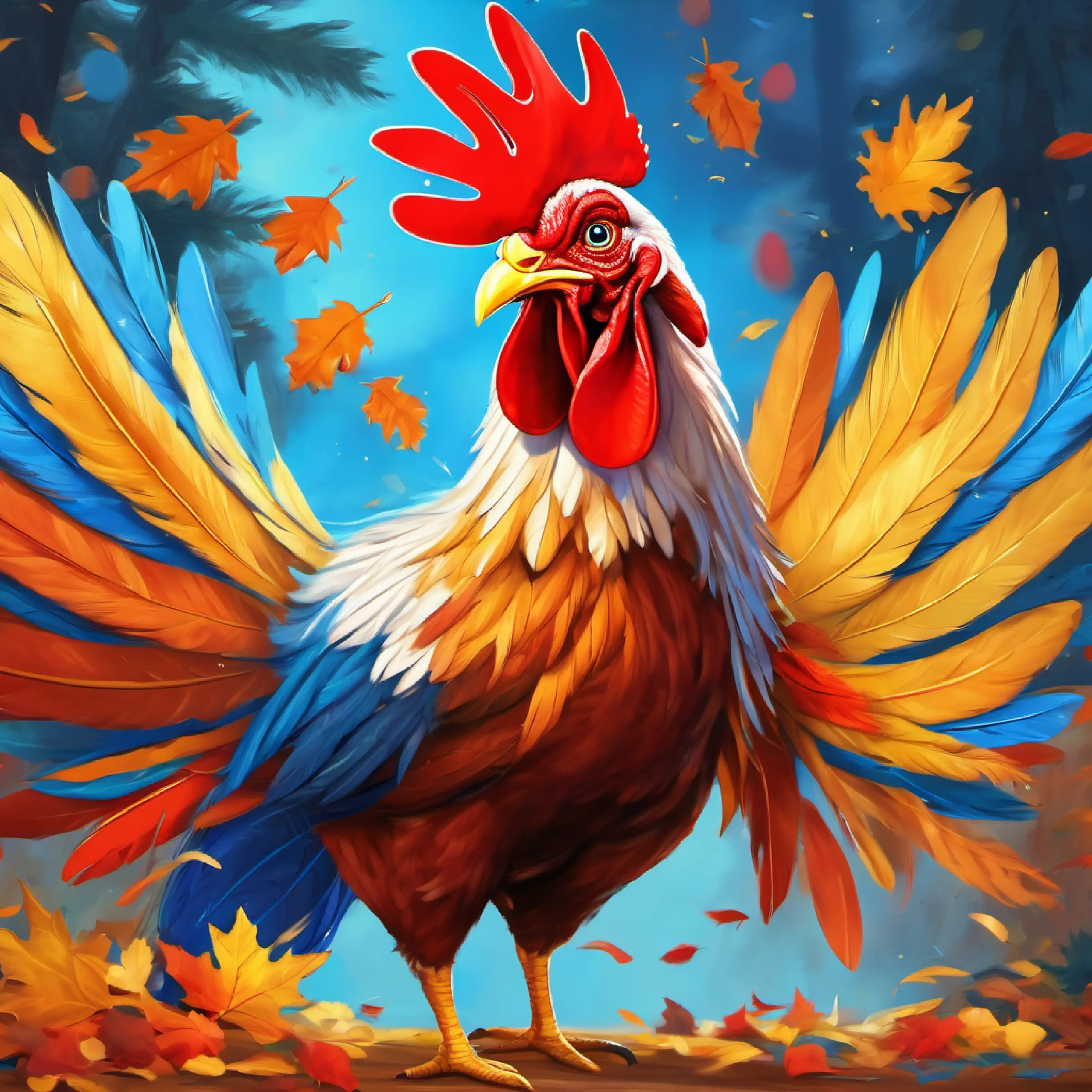 Roger Rooster challenges Autumn-hued feathers, bright blue eyes, enthusiastic, a turkey to a tournament.