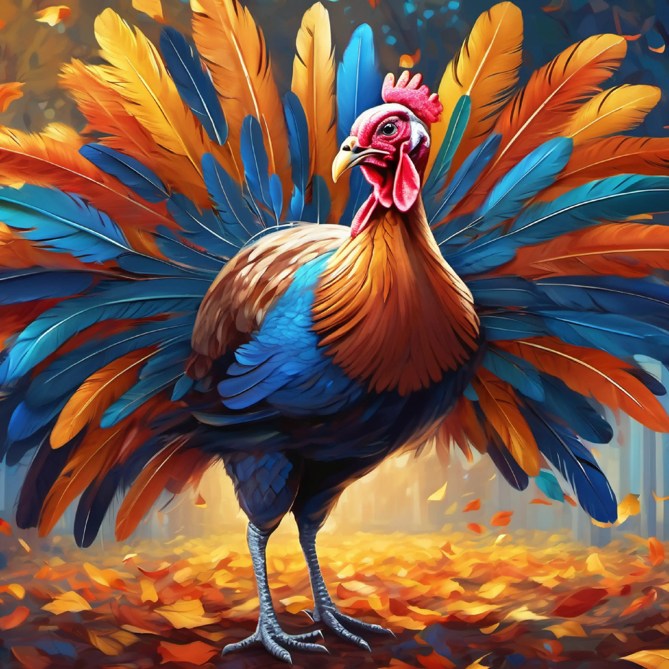 Autumn-hued feathers, bright blue eyes, enthusiastic, a turkey competes fiercely, impressing the crowd.