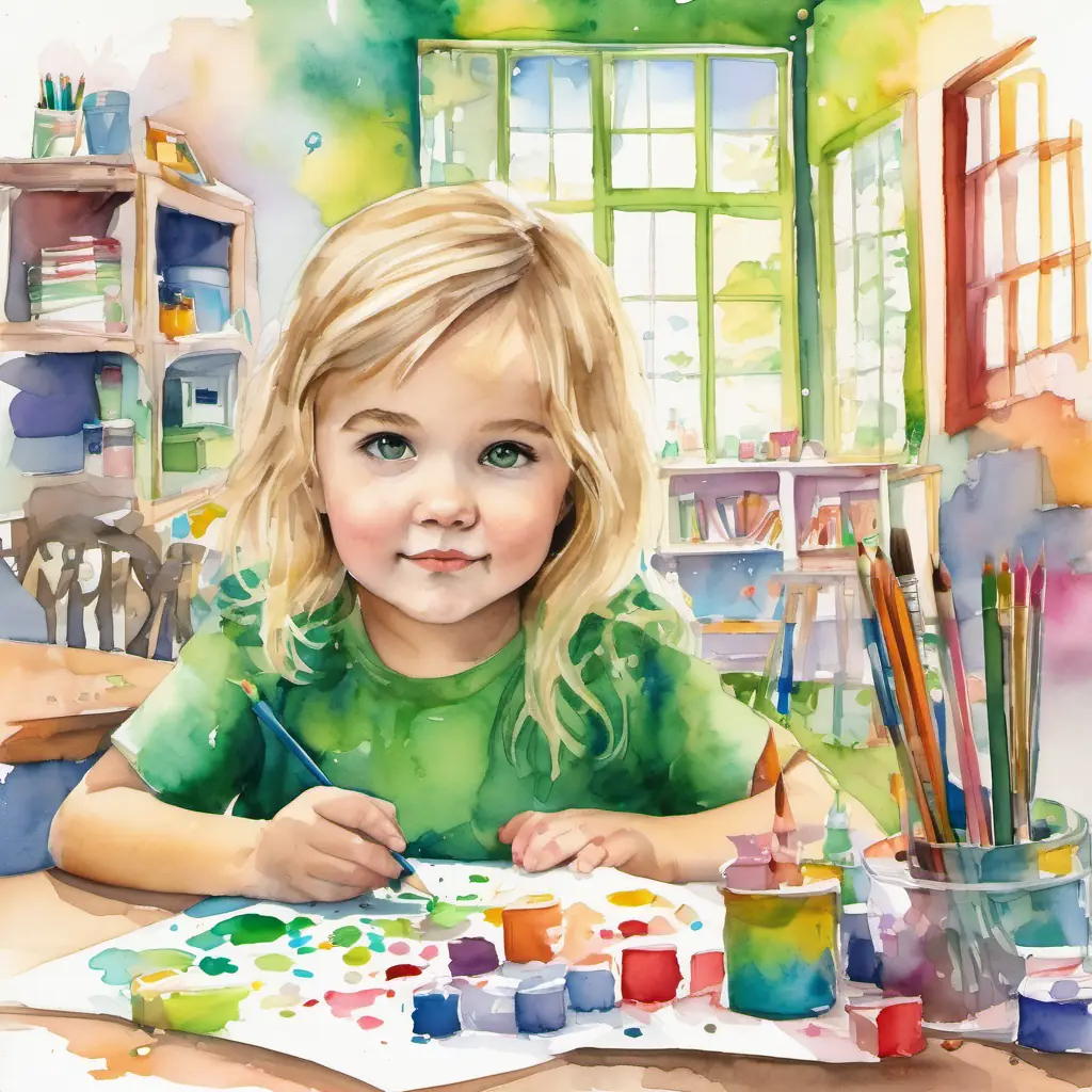 The town is filled with bright, cheerful buildings, and everywhere you look, people are painting and drawing. Maya is sitting at a little table in her room, surrounded by colorful paints and paper. Sparkles, the magical paintbrush, is resting on the table beside her.