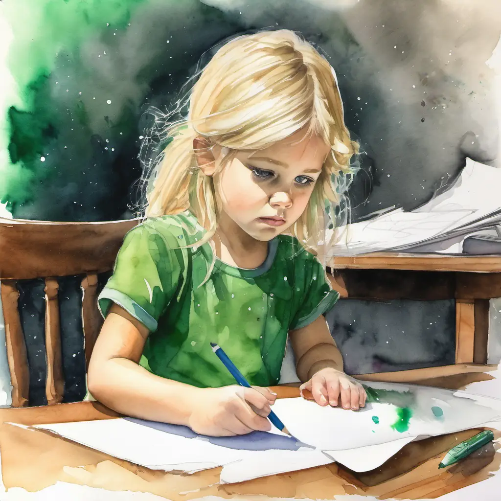 Maya is sitting at her table, looking down at her blank piece of paper, with a frown on her face. Sparkles is lying motionless next to her, looking a little bit sad.
