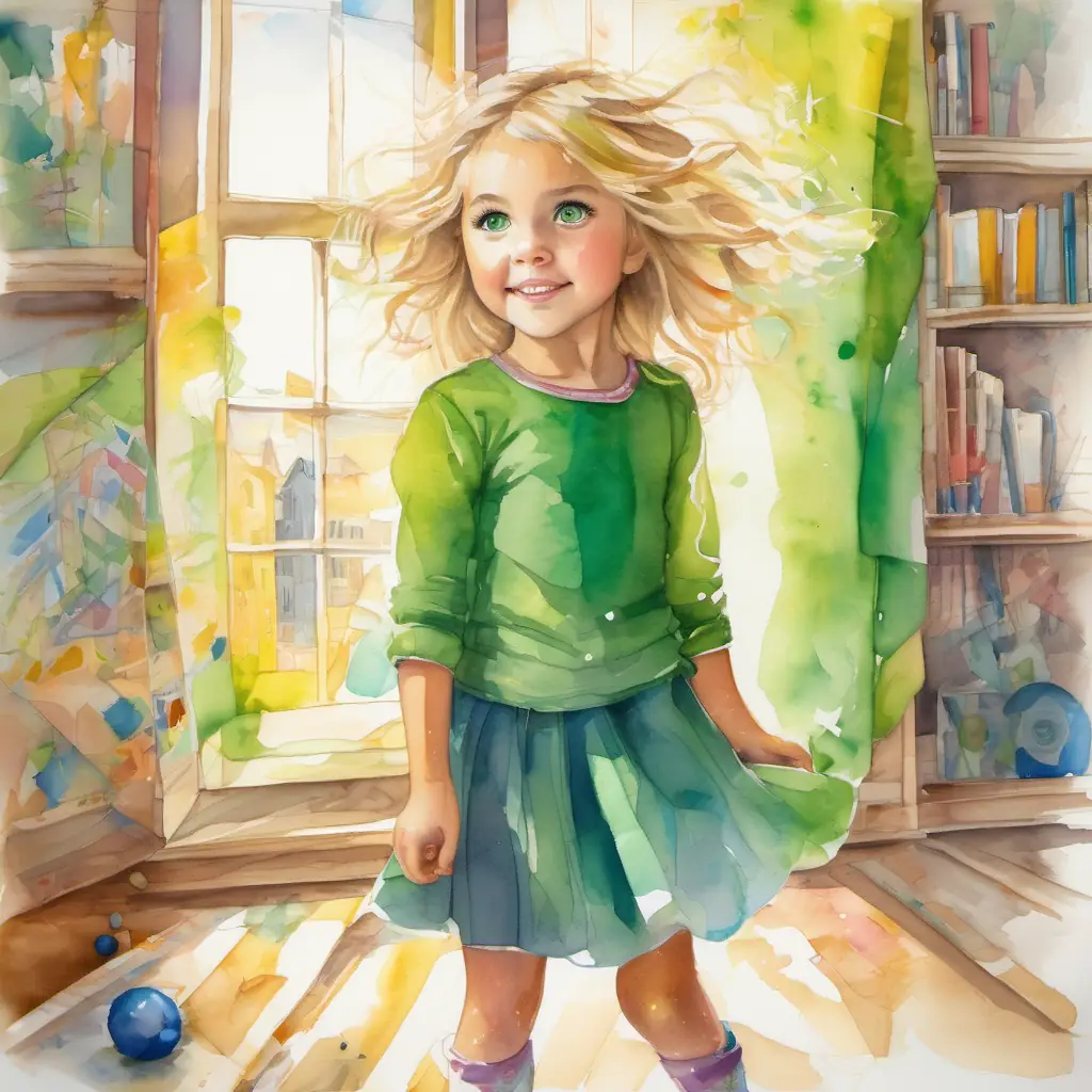 Maya and Sparkles are dancing and twirling around in a room filled with colorful drawings and paintings. The sun is shining through the window, and the whole town can be seen outside, filled with people painting and creating.