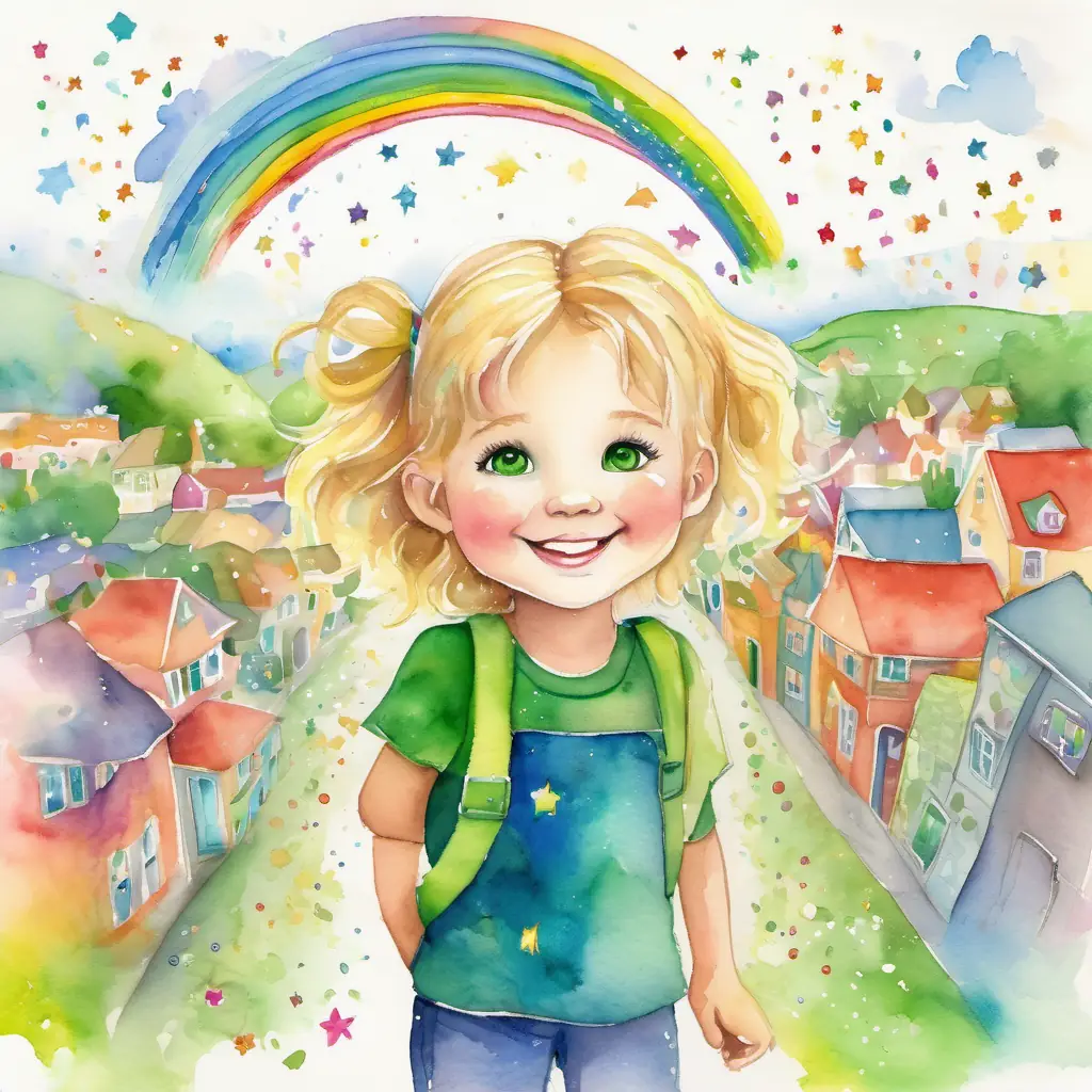 Maya and Sparkles are standing hand in hand, smiling and looking out at the town, which is now bursting with even more color and laughter. The sky is filled with rainbows and sparkles, and everyone is cheering and clapping for them.
