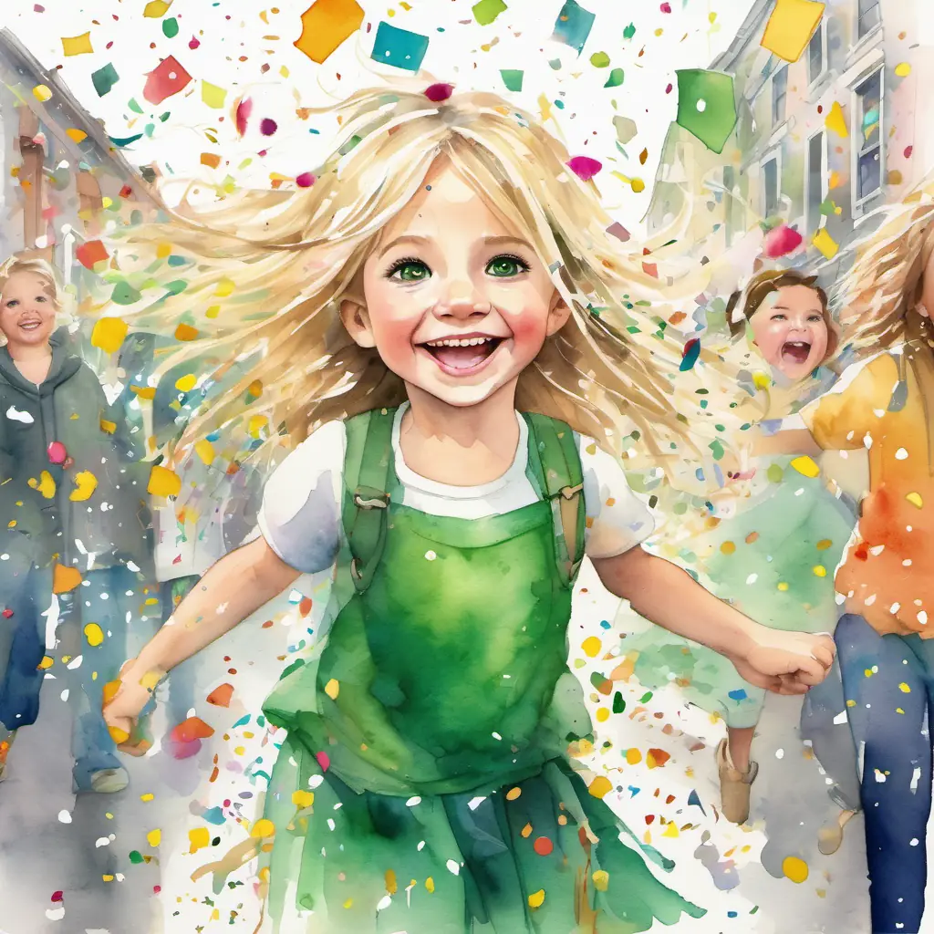 The whole town is celebrating, with confetti and streamers flying through the air. Maya and Sparkles are waving and laughing, surrounded by friends and family.
