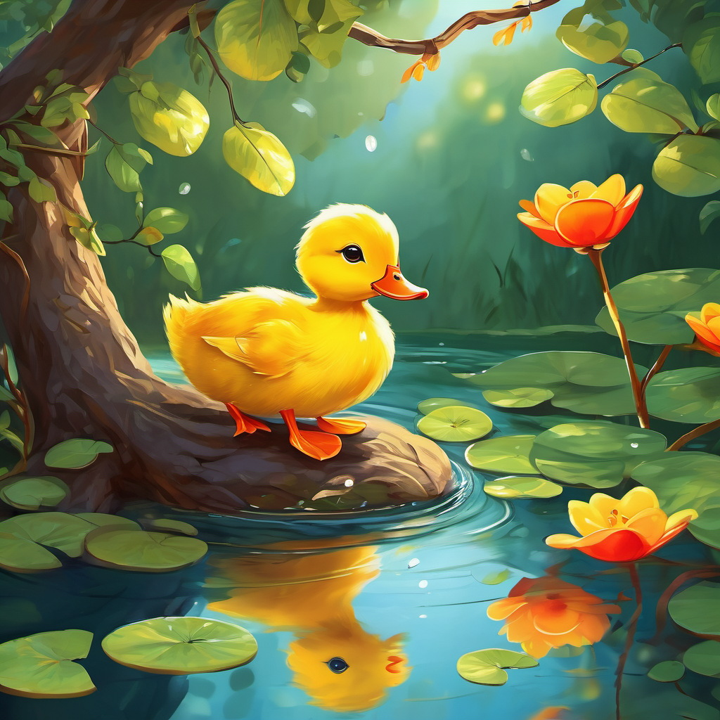 Yellow duckling with orange beak and big curious eyes the duckling swimming in a pond, looking at a shiny red vine hanging from a tree