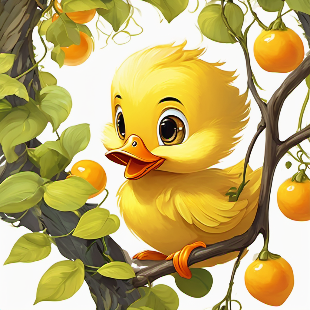 Yellow duckling with orange beak and big curious eyes's leg tangled in the vine, struggling and calling for help
