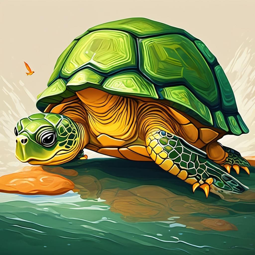 Old turtle with a wrinkled green shell and wise eyes the turtle hearing Yellow duckling with orange beak and big curious eyes's call for help, looking concerned