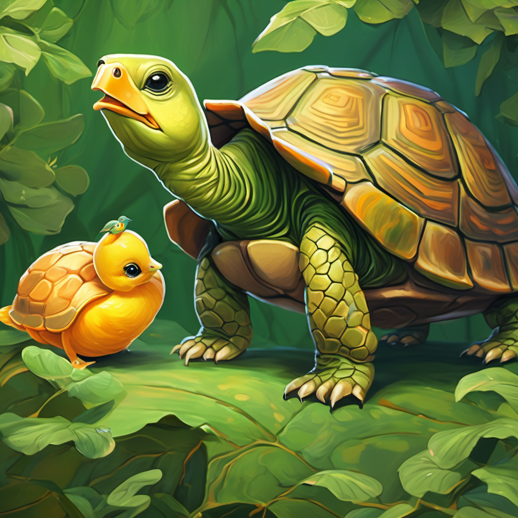Old turtle with a wrinkled green shell and wise eyes helping Yellow duckling with orange beak and big curious eyes, untangling her leg from the vine