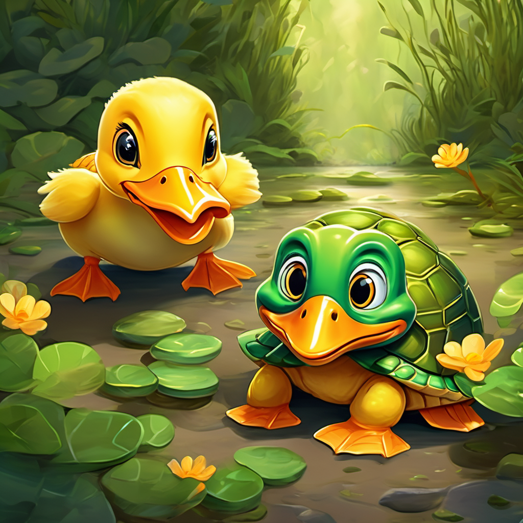 Yellow duckling with orange beak and big curious eyes and Old turtle with a wrinkled green shell and wise eyes smiling and looking grateful, with a message of being careful