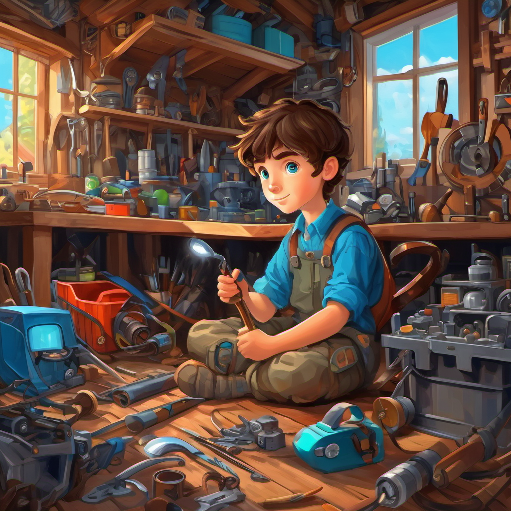 Curious boy with brown hair and bright blue eyes in his garage, surrounded by tools and gadgets.