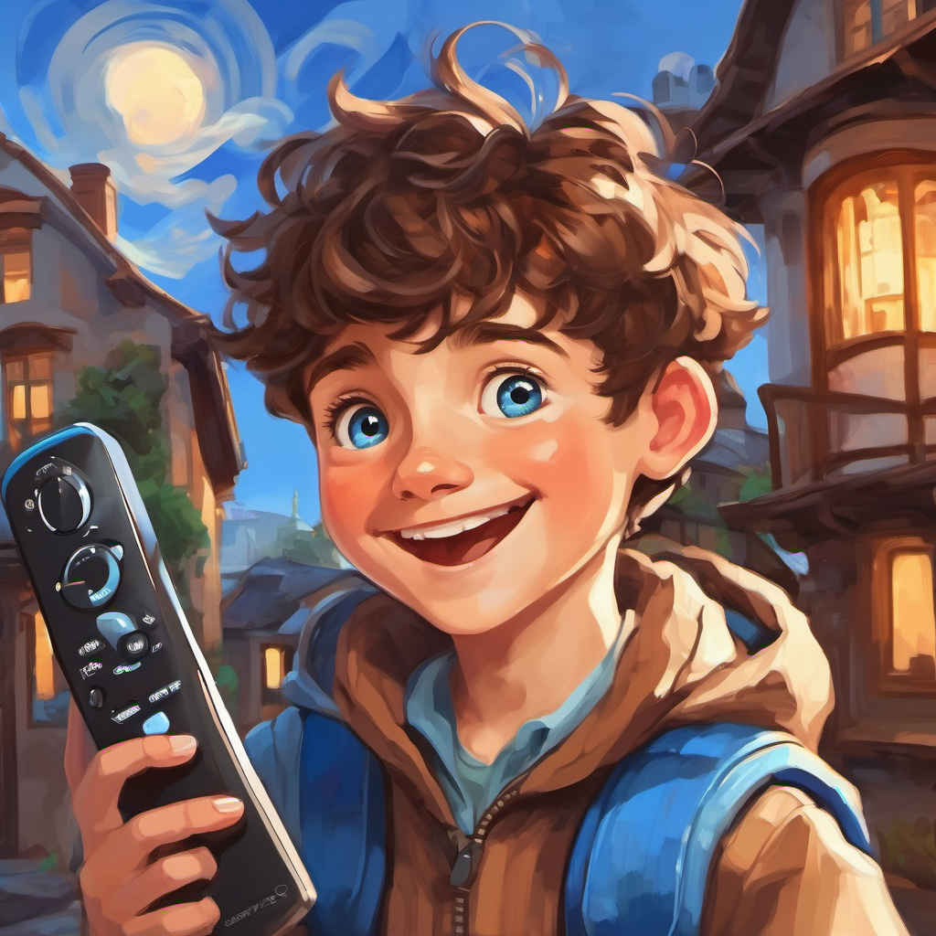 Curious boy with brown hair and bright blue eyes holding the weather remote with a big smile on his face.