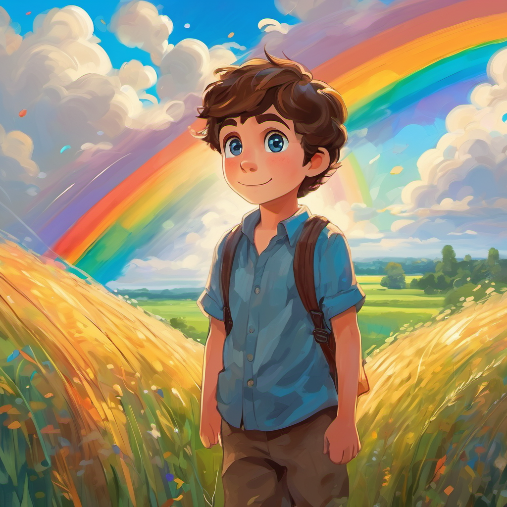 Curious boy with brown hair and bright blue eyes standing in a field with clouds, rain, and a rainbow above.