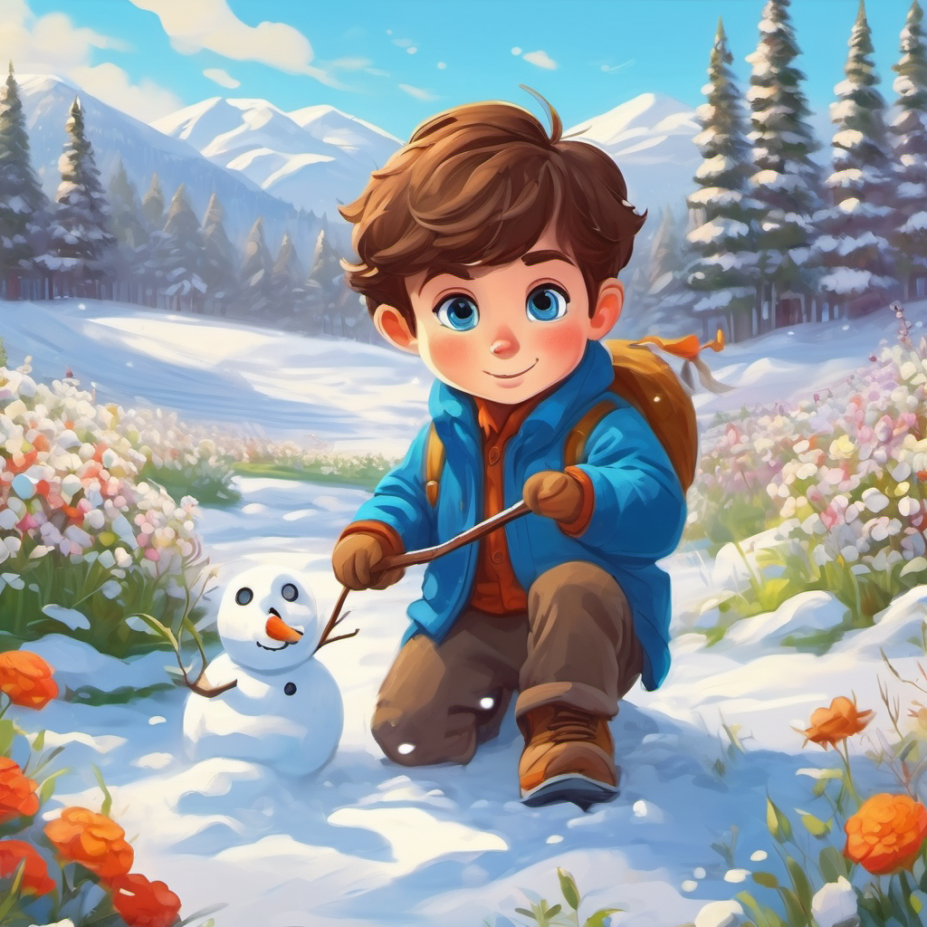 Curious boy with brown hair and bright blue eyes building a snowman in a snowy landscape, then surrounded by blooming flowers in a sunny meadow.