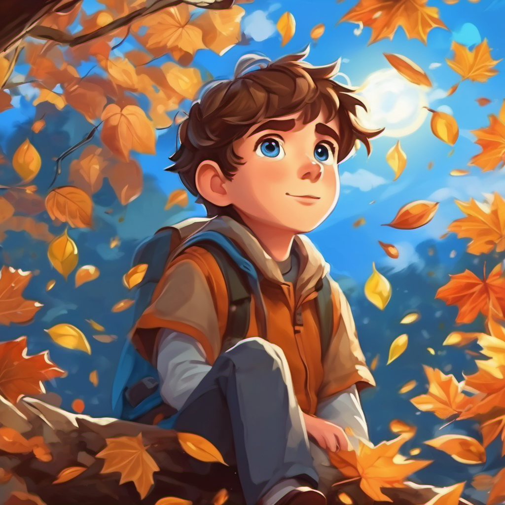 Curious boy with brown hair and bright blue eyes in different weather scenes: surrounded by falling leaves, feeling a breeze, and watching lightning.