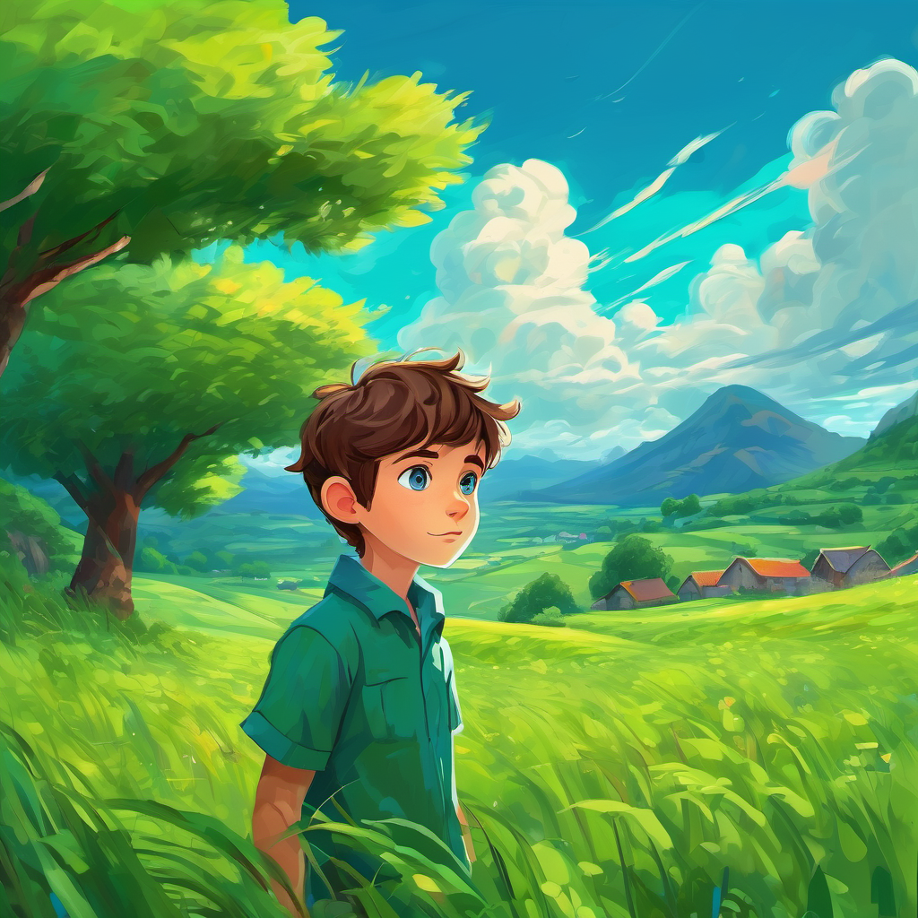 Curious boy with brown hair and bright blue eyes in a lush green field, surrounded by different weather elements.