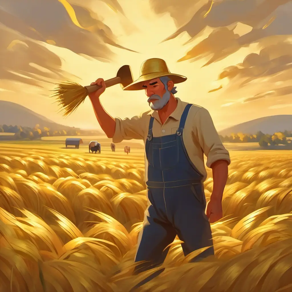 The farmer struggles to lift the heavy gold.