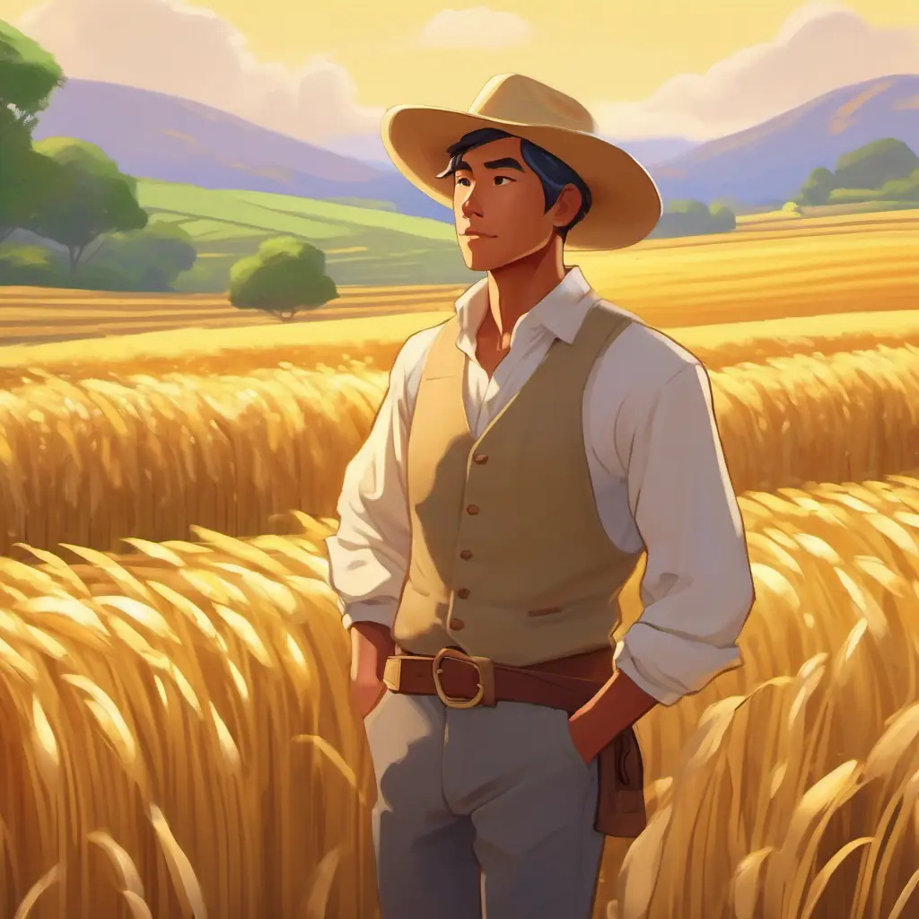 Lean, with tan skin, wearing simple but clean farm clothes bringing the gold home, feeling his fortune shift.