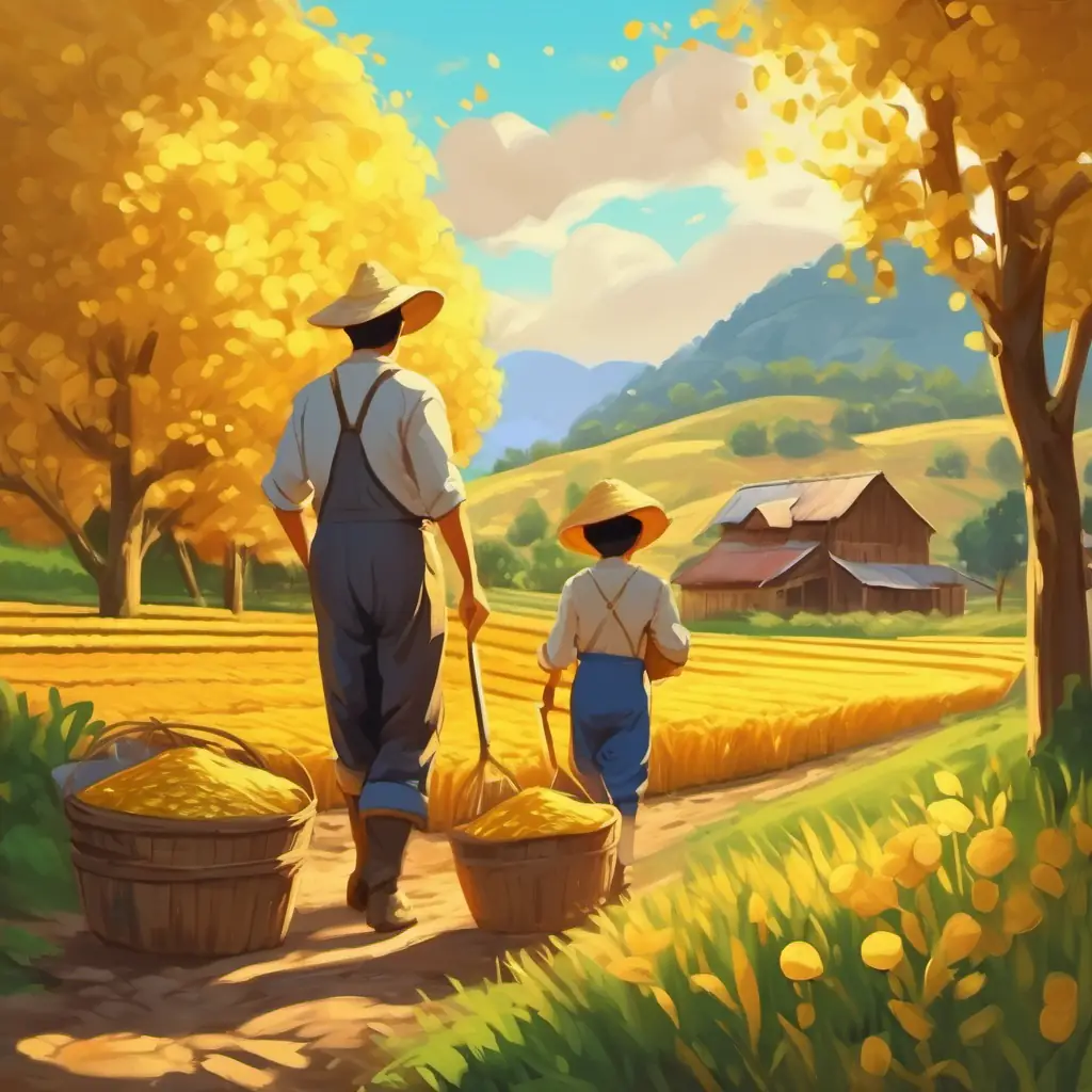 The farmer uses the gold to improve his family's life.