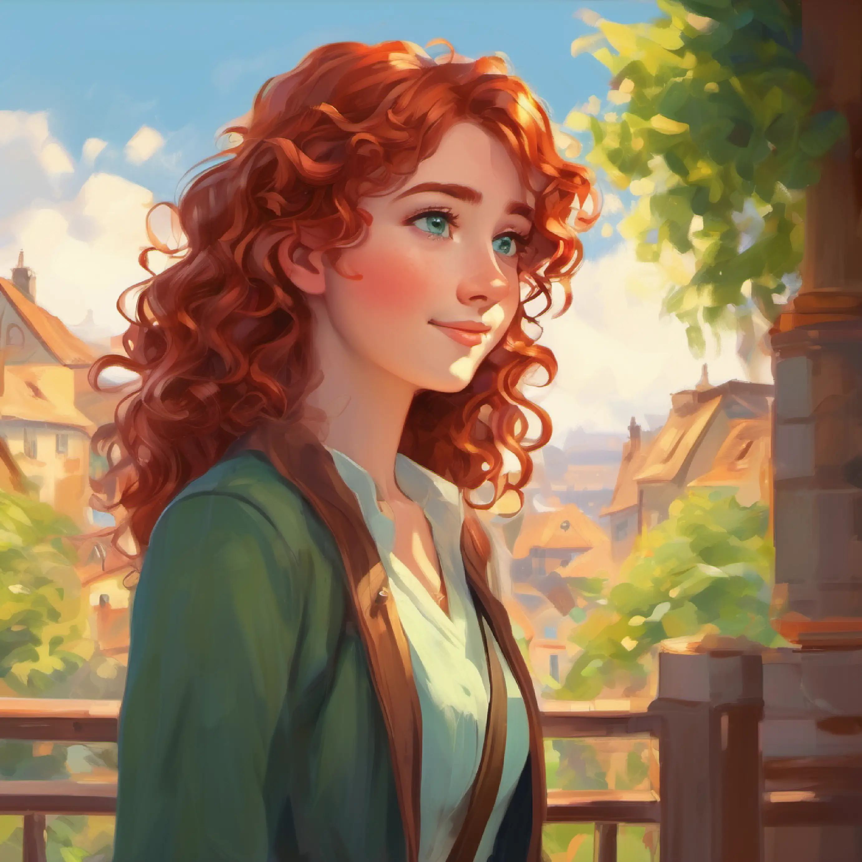 Curly red hair, green eyes, friendly invited Brown hair, blue eyes, feels lonely to play, Brown hair, blue eyes, feels lonely nodded and smiled