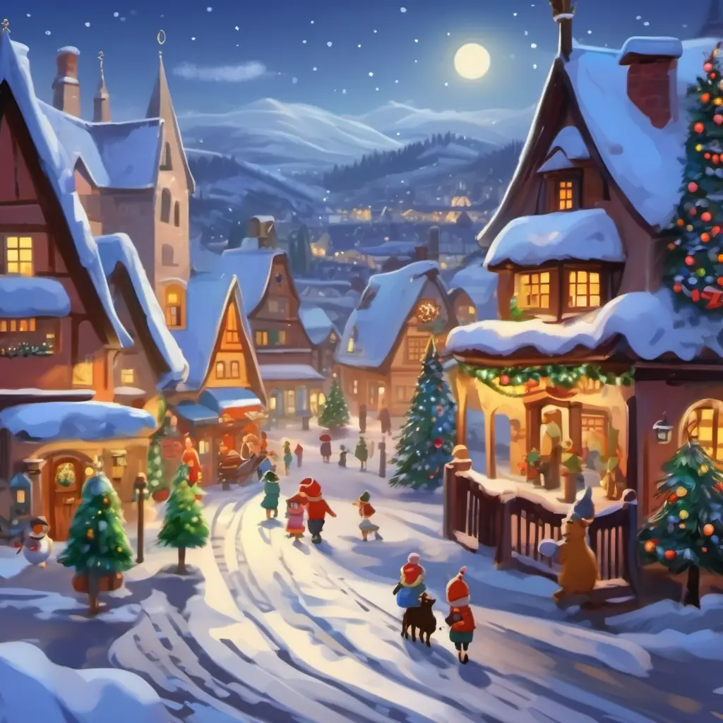 Introduction to the setting, characters, and their activities in the snowy village.