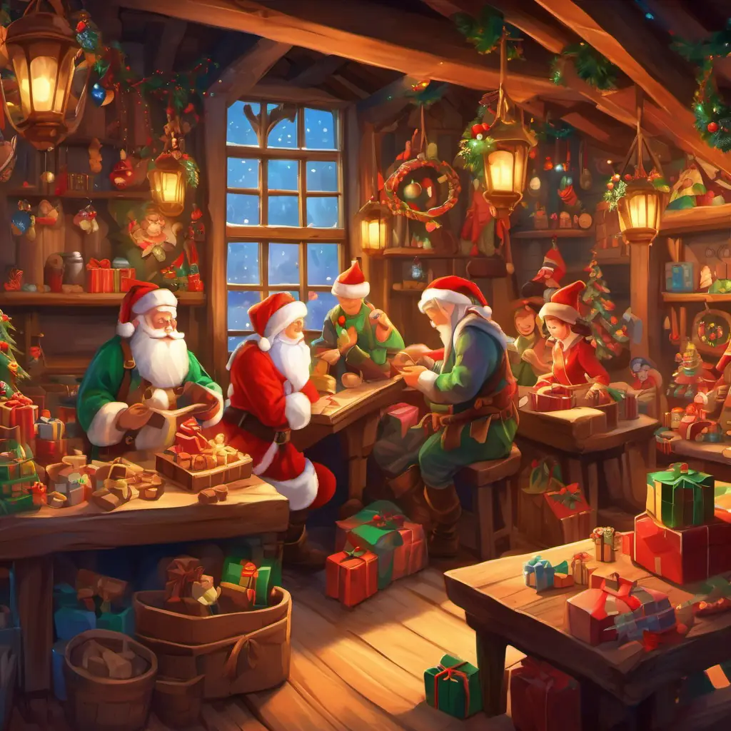 Overview of the busy and cheerful atmosphere in Santa's workshop with a description of the elves.