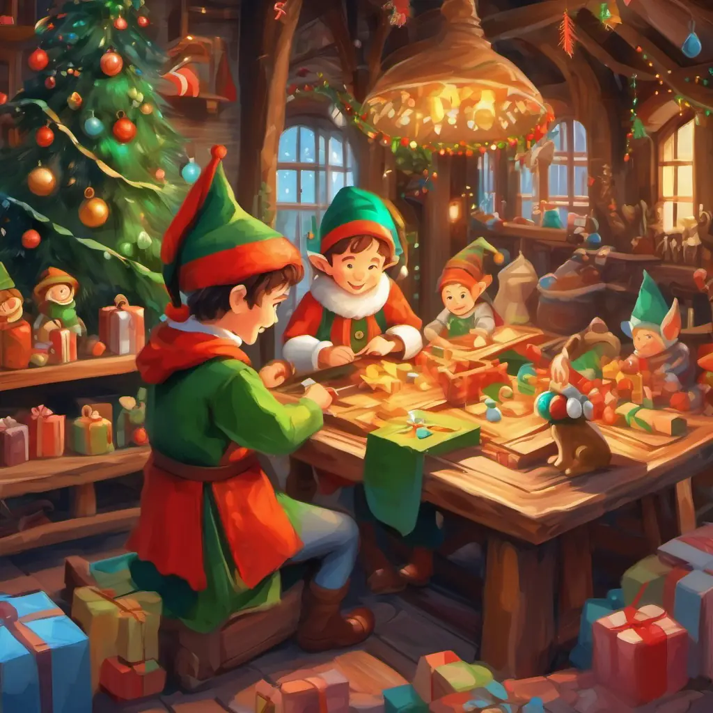 Details of the elves' work, creating a picture of the lively and dedicated toy-making process.