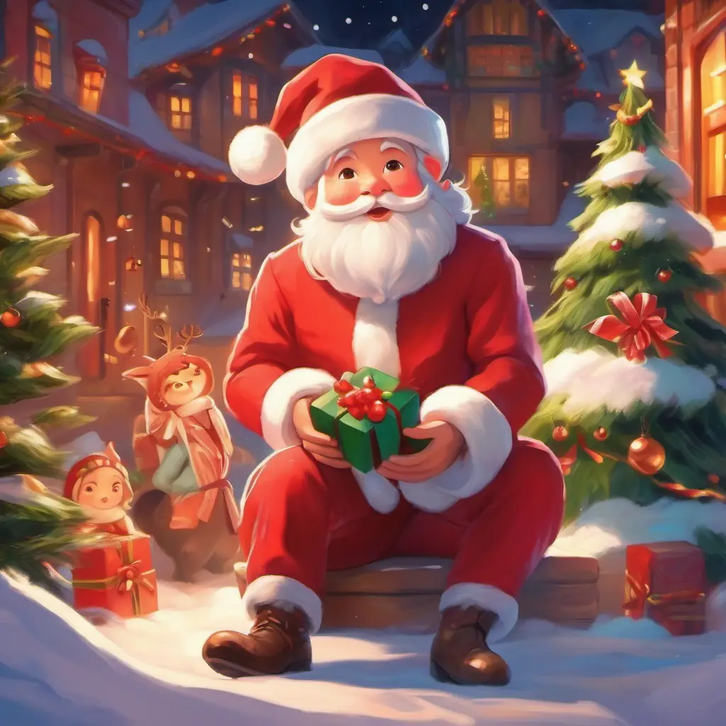 Introduction of Cheerful with rosy cheeks, red suit, and twinkling eyes, his appearance, and his interaction with the elves.