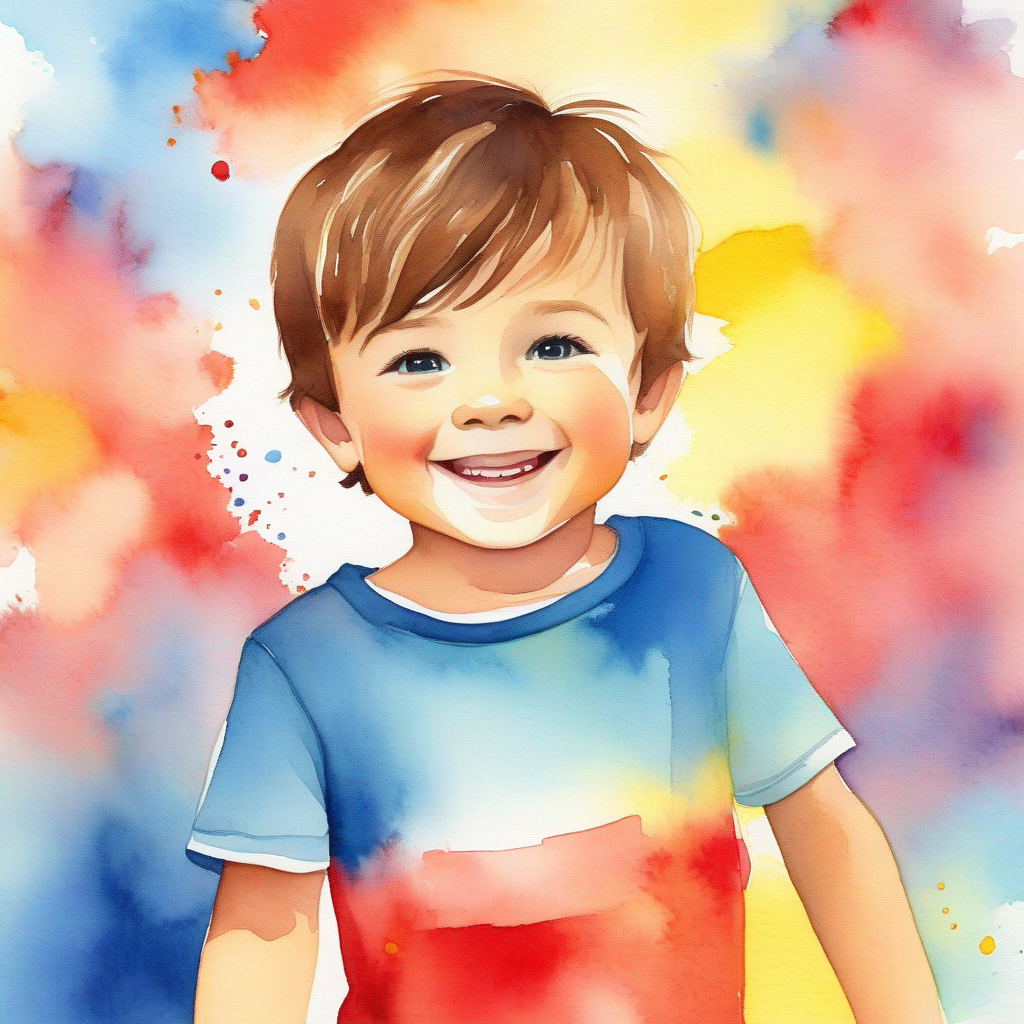 Little boy, brown hair, wearing a red shirt smiling, colorful background - blue and yellow