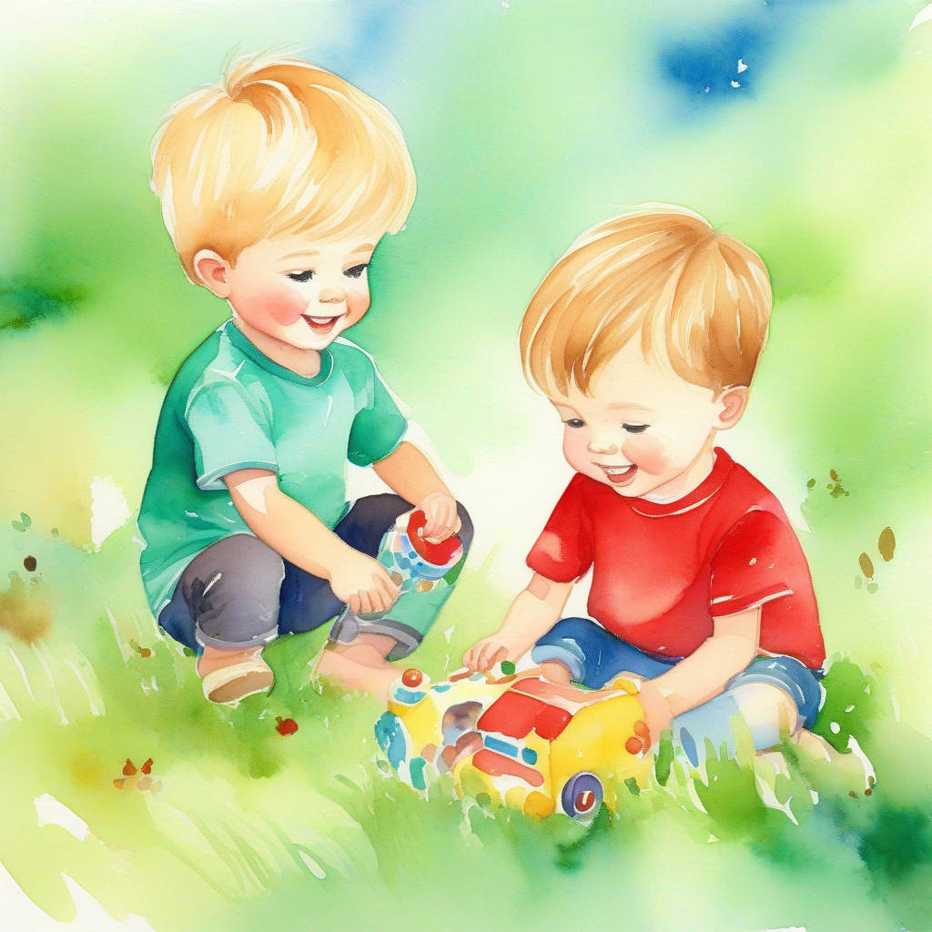 Little boy, blonde hair, wearing a blue shirt and Little boy, brown hair, wearing a red shirt playing with a toy, green background