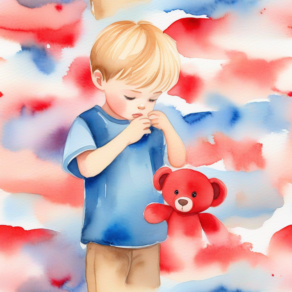 Little boy, brown hair, wearing a red shirt looking sad, toy in Little boy, blonde hair, wearing a blue shirt's hand, red background