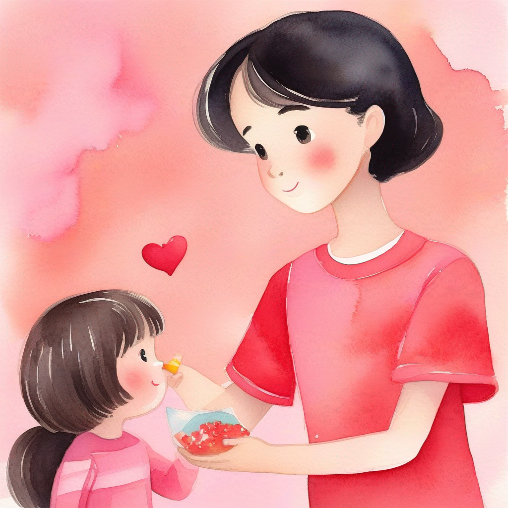 Little girl, black hair, wearing a pink dress holding a snack, asking Little boy, brown hair, wearing a red shirt, pink background