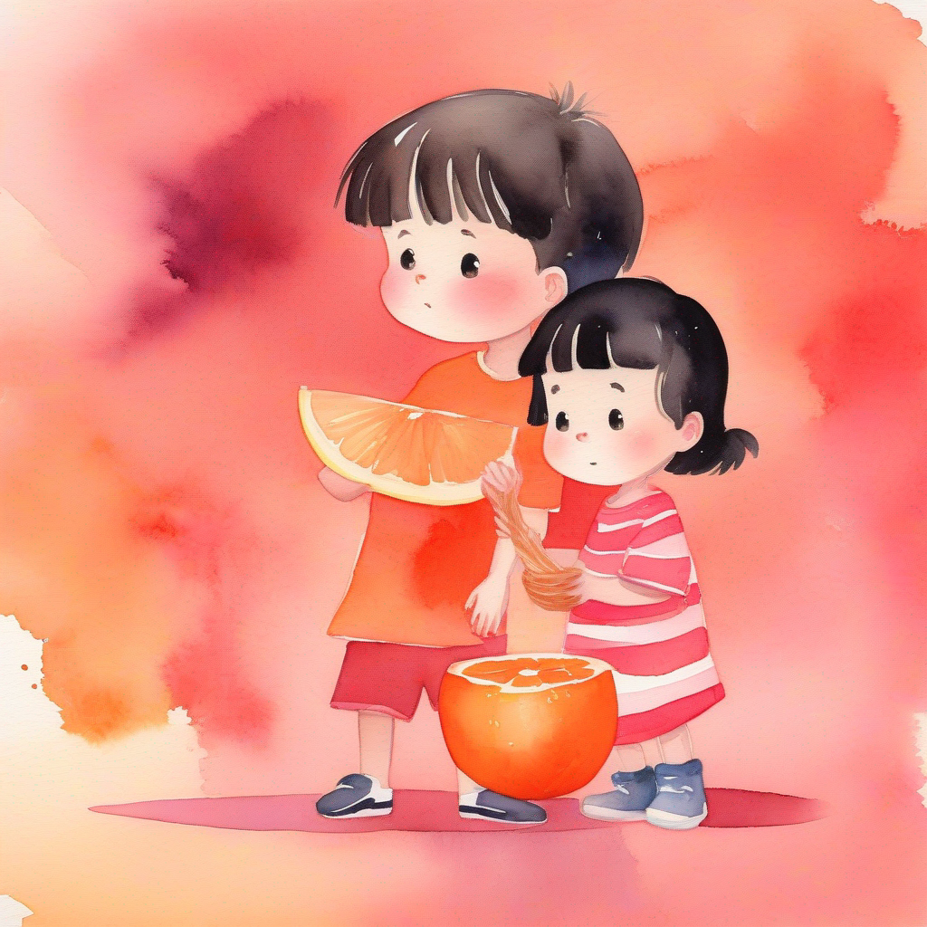 Little boy, brown hair, wearing a red shirt looking upset, Little girl, black hair, wearing a pink dress eating his snack, orange background