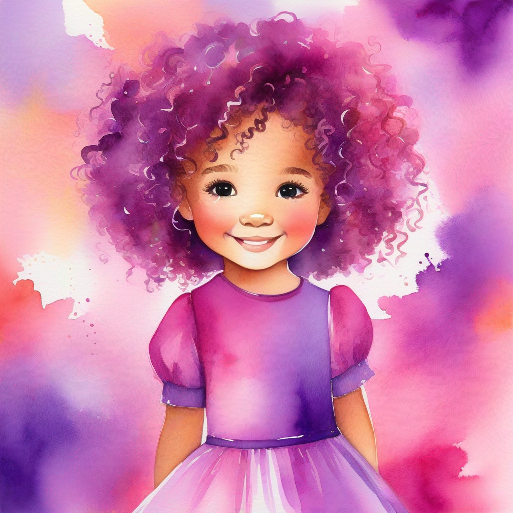 Little girl, curly hair, wearing a purple dress smiling, colorful background - purple and pink