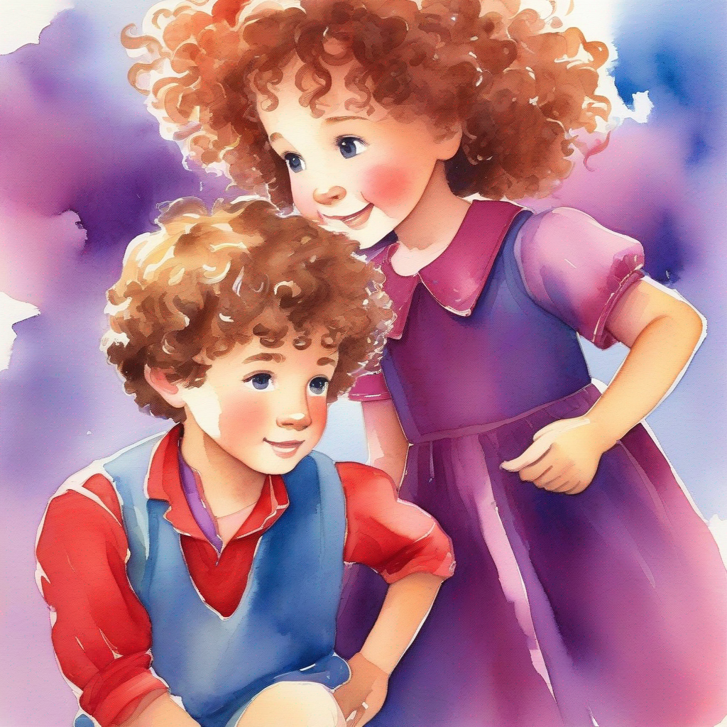 Little girl, curly hair, wearing a purple dress and Little boy, brown hair, wearing a red shirt having a conversation, blue background