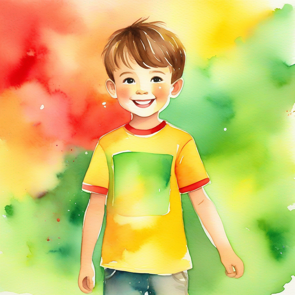 Little boy, brown hair, wearing a red shirt happy, colorful background - green and yellow