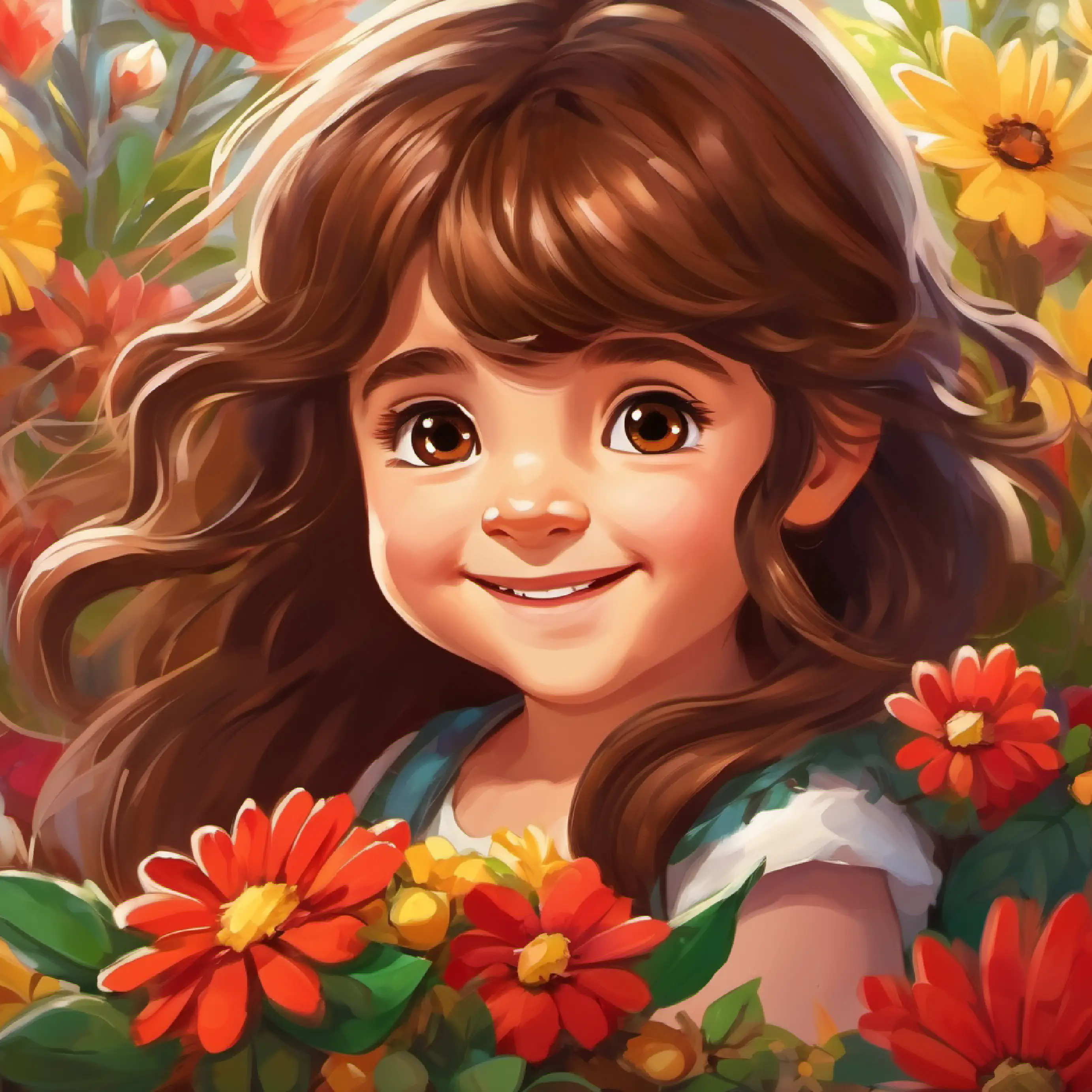 2-year-old warrior, long brown hair, brown eyes smiling at flowers.