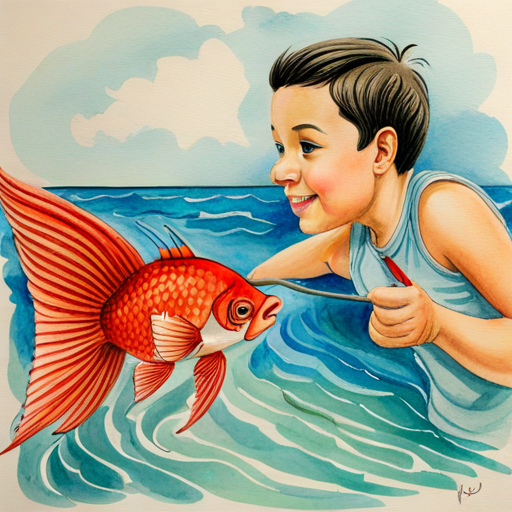Nikos catching the golden fish with excitement