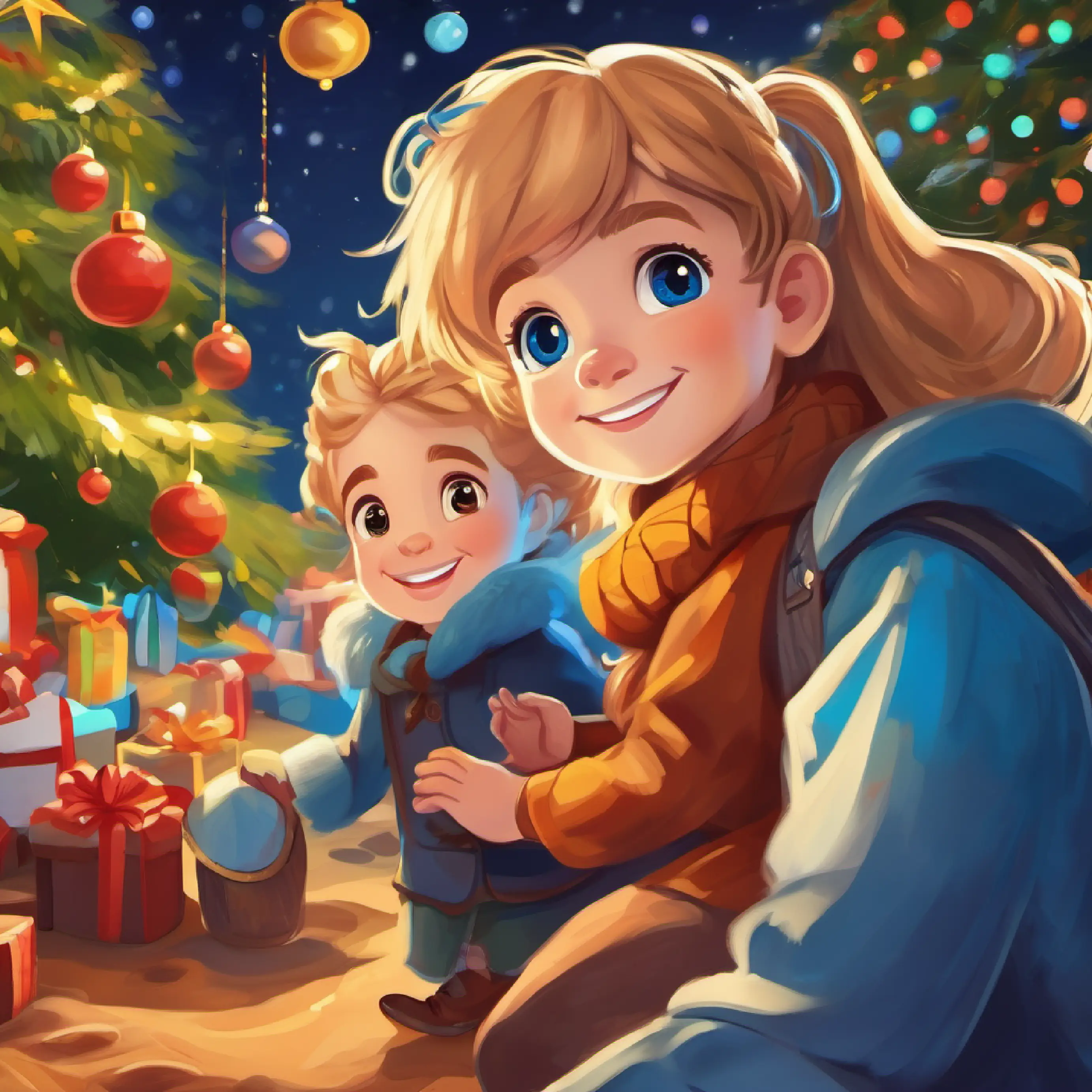 Central tree setting, Girl with chestnut hair, ponytails, hazel eyes, always smiling and Boy with sandy blond hair, bright blue eyes, full of energy setting up a banner