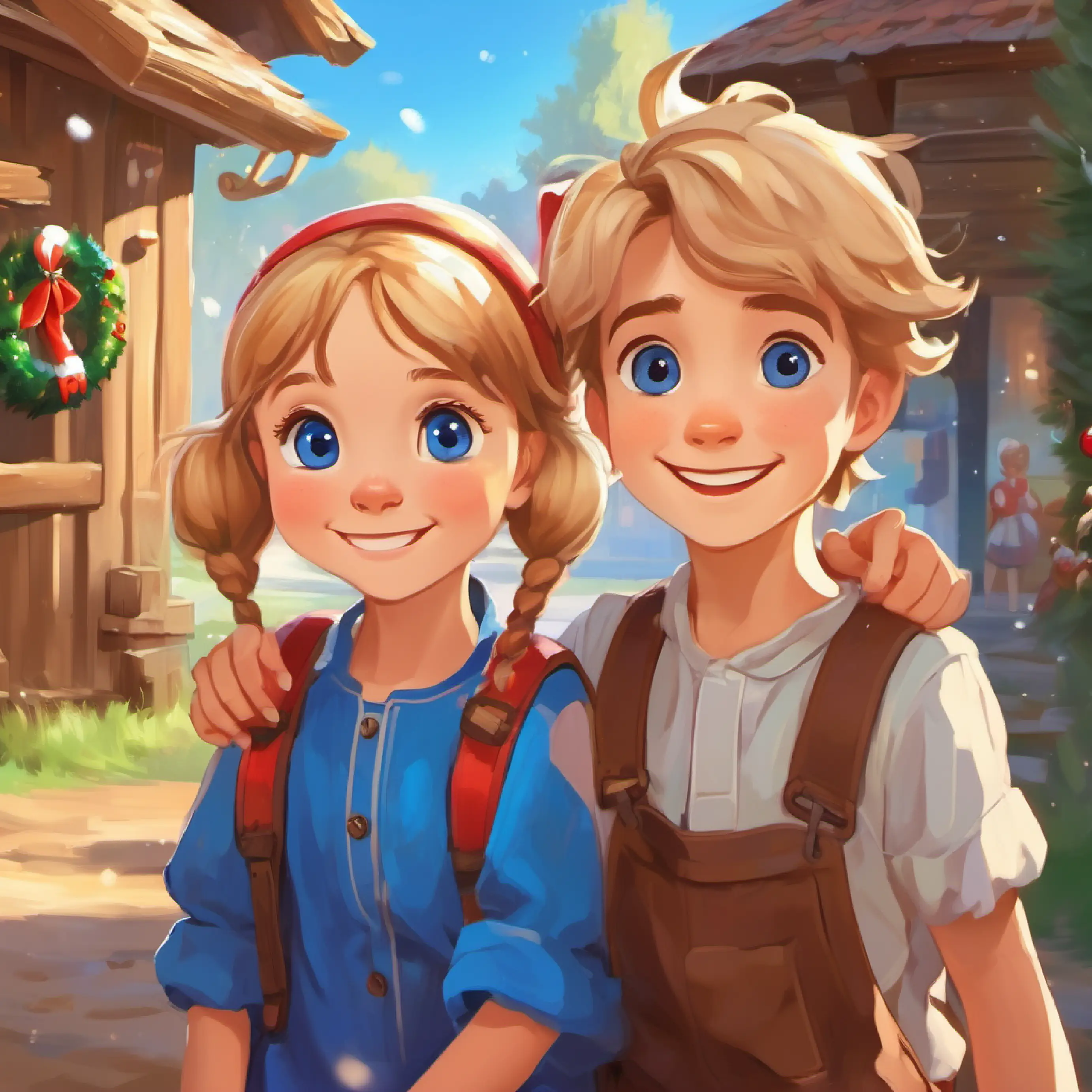 Village circle wish, Boy with sandy blond hair, bright blue eyes, full of energy and Girl with chestnut hair, ponytails, hazel eyes, always smiling's shared sentiment