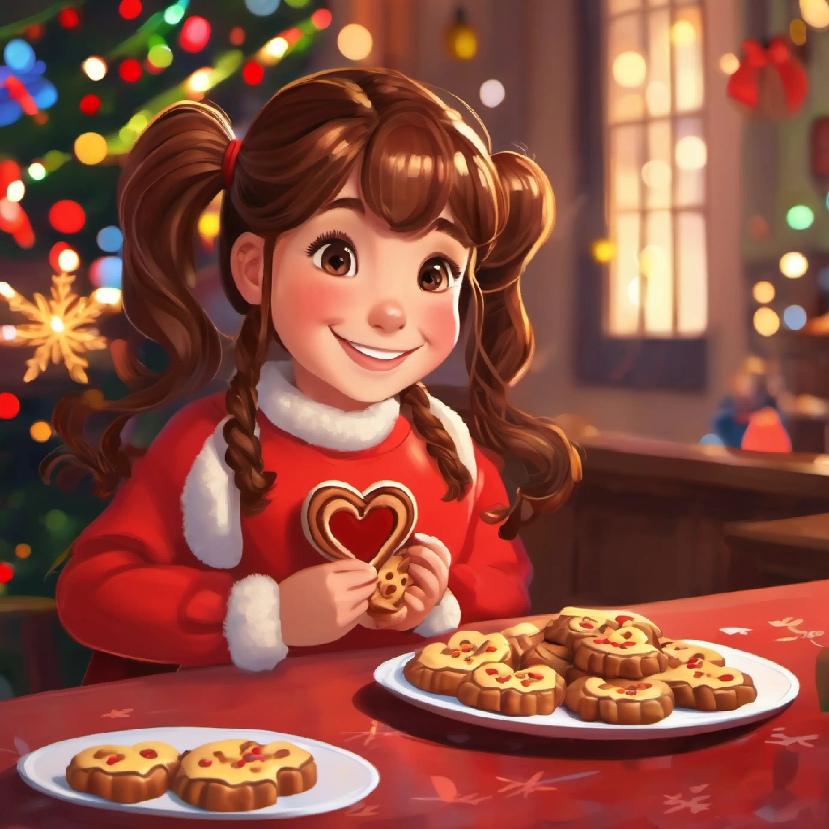 Warmhearts tradition, Girl with chestnut hair, ponytails, hazel eyes, always smiling's heart-shaped cookies