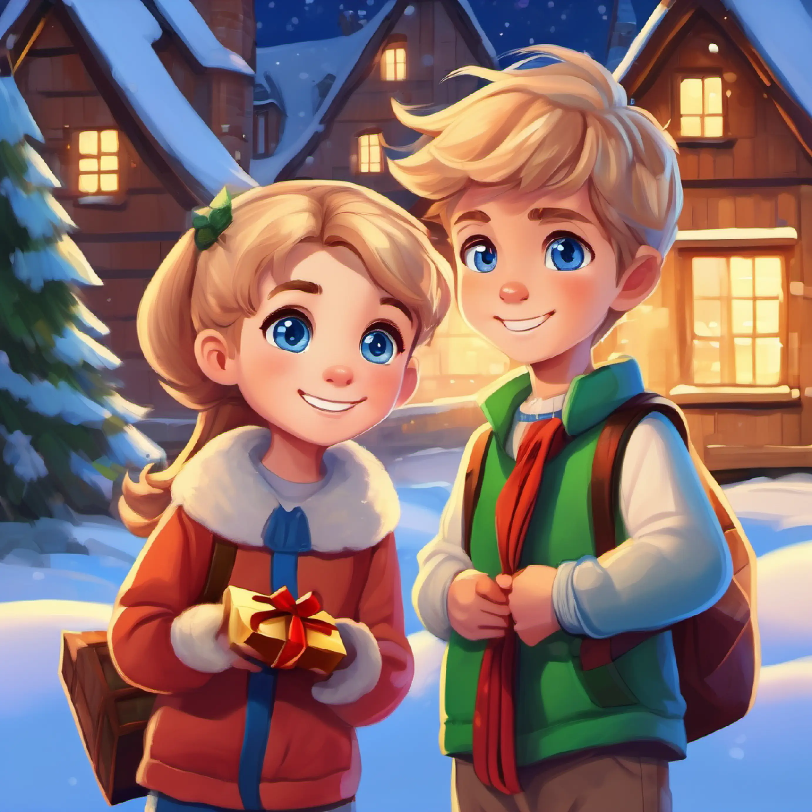 Boy with sandy blond hair, bright blue eyes, full of energy and Girl with chestnut hair, ponytails, hazel eyes, always smiling exchange gifts, unspoken understanding