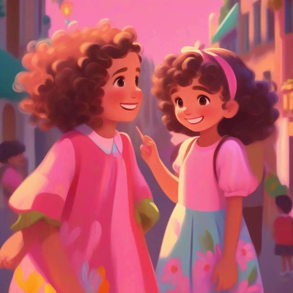 A young girl with curly brown hair, wearing a pink dress and a friend talking, bright colors, smiling faces