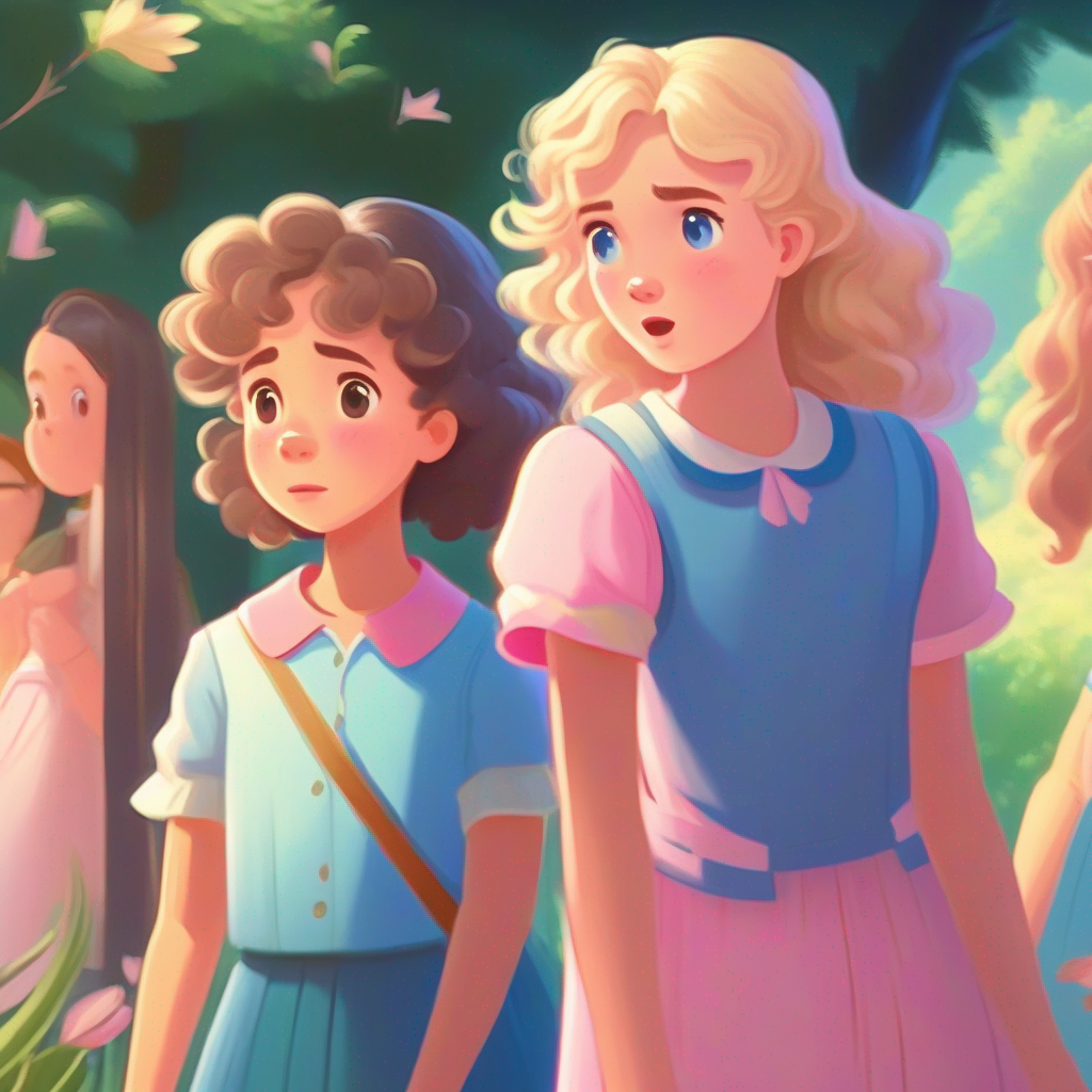 A young girl with curly brown hair, wearing a pink dress and A girl with straight blonde hair, wearing a blue shirt talking, Lily distracted, Emma looking confused