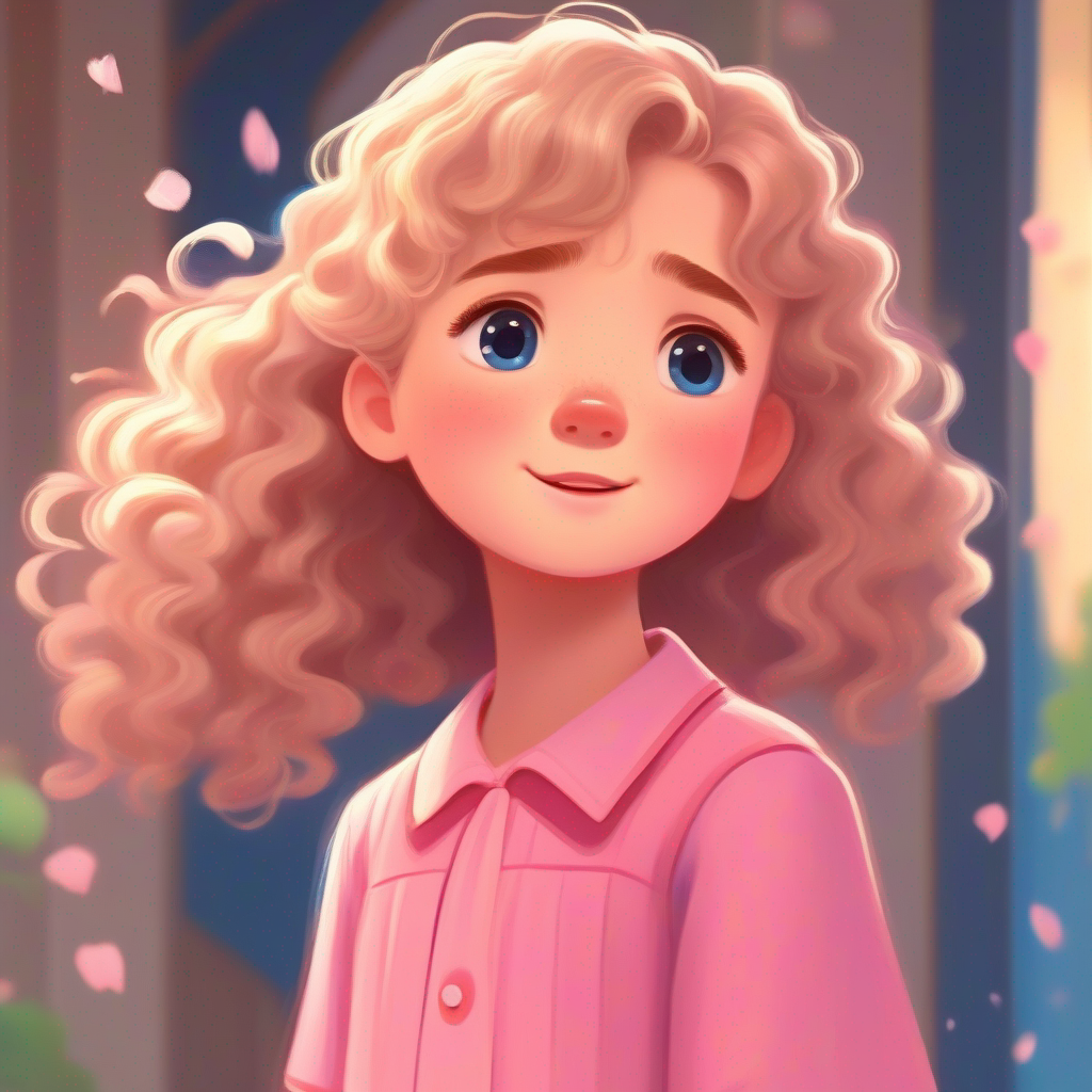 A young girl with curly brown hair, wearing a pink dress looking sorry, A girl with straight blonde hair, wearing a blue shirt forgiving, happy faces