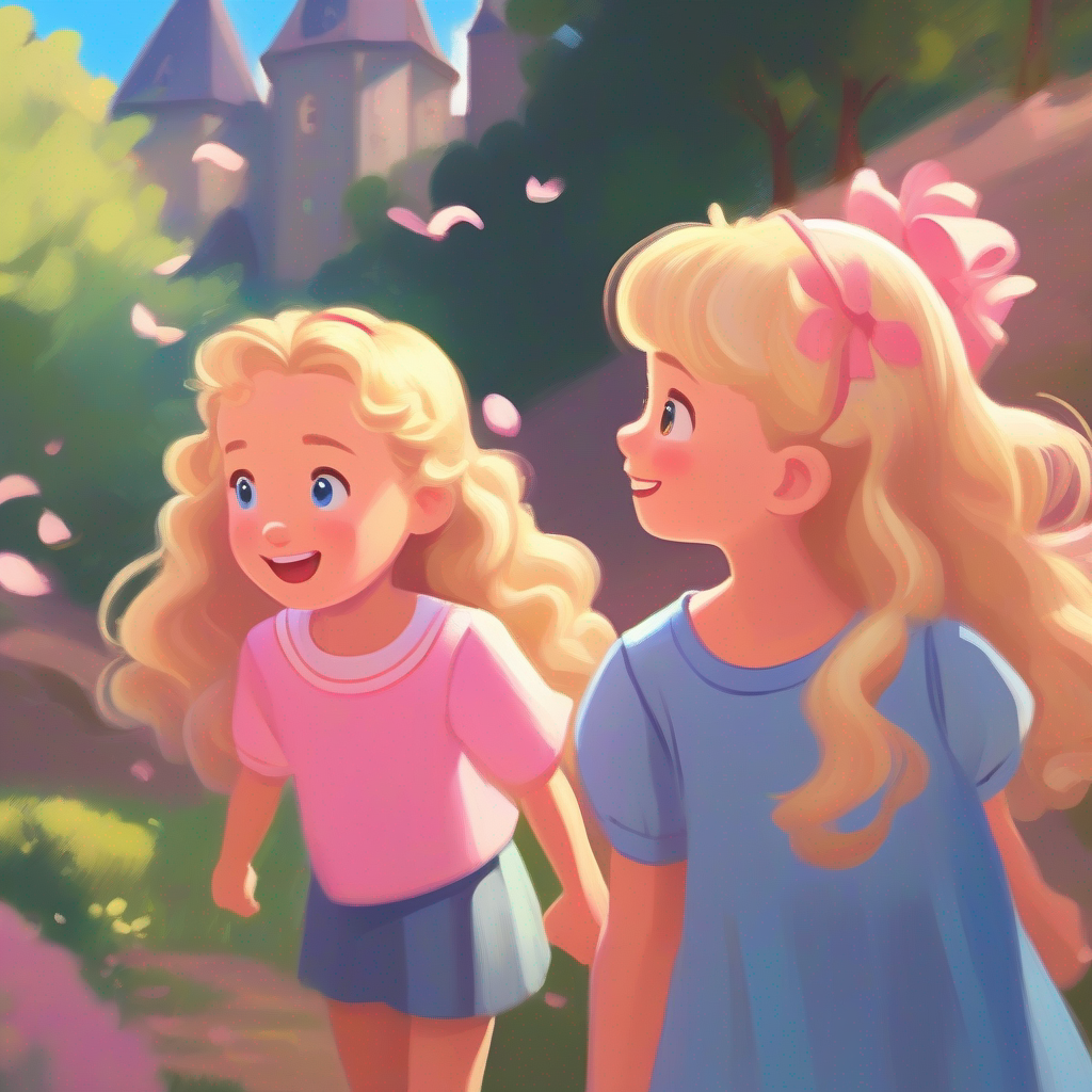 A young girl with curly brown hair, wearing a pink dress and A girl with straight blonde hair, wearing a blue shirt talking, Lily focused, both smiling
