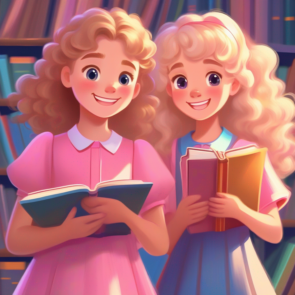 A young girl with curly brown hair, wearing a pink dress and A girl with straight blonde hair, wearing a blue shirt happy, holding books, big smiles