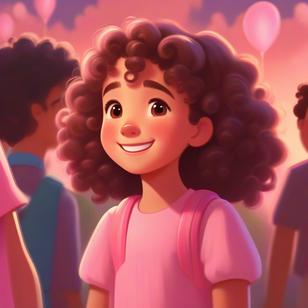 A young girl with curly brown hair, wearing a pink dress smiling, thinking, and talking to friends