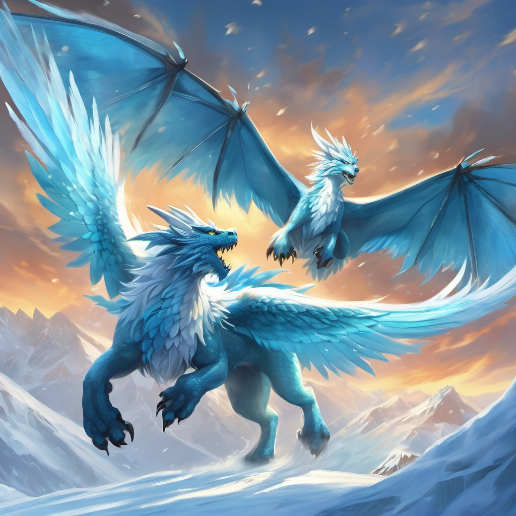 Without delay, Alex took flight, their icy-blue wings beating powerfully against the cold wind. They soared high above the glaciers, their deep breaths visible in the frosty air as they spotted Zace's icy lair. The moment of reckoning had arrived. The two dragons locked eyes, and a chilling silence settled over the battleground. They circled each other, their wings creating gusts of icy wind. Alex, fueled by courage and determination, summoned the power of their homeland — ice and snow danced around them, protecting them from Zace's dark magic.