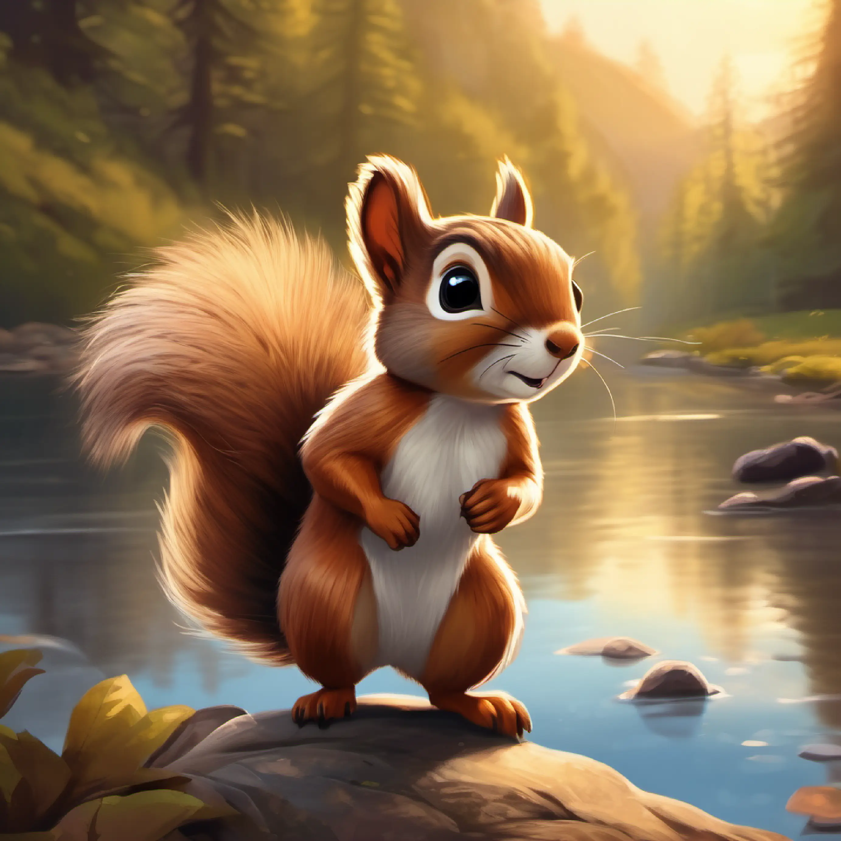 Brave little squirrel, brown fur, sparkly black eyes beginning his journey, faces the Great River.