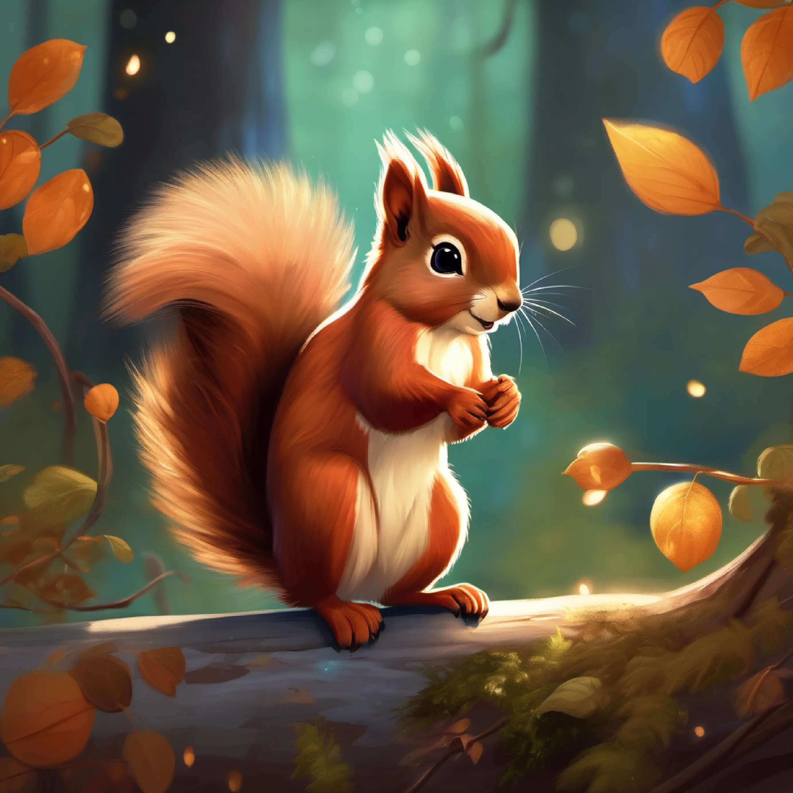 Brave little squirrel, brown fur, sparkly black eyes's kindness earns him a shiny key from a grateful bird.