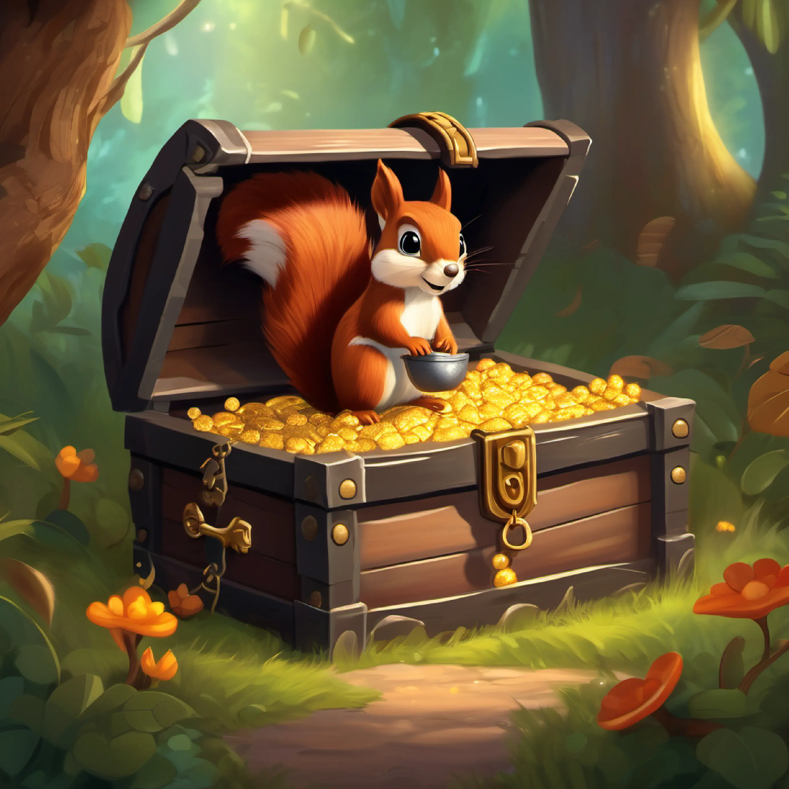 Brave little squirrel, brown fur, sparkly black eyes discovers the treasure chest and uses his key to find the Sparkling Acorn.